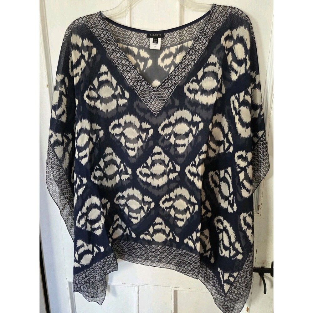 Talbots S/M Poncho 100% Silk Ikat Artsy Beachy Boho Top Layering Blue Cream EUC